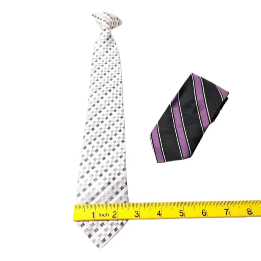 LOT OF 2 Boys Clip Tie‎ Purple, Black, Stripes & Silver, Black, & Grey Di…